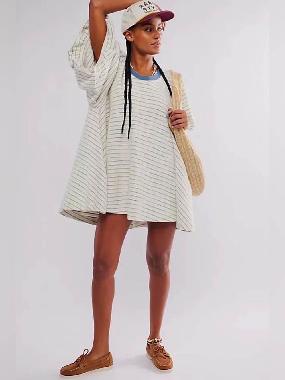 NWT Free People Hudson Pullover Puffed Sleeve Cotton Striped Mini Dress Tunic